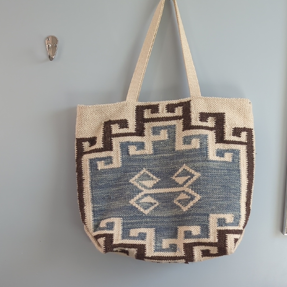 Lovestitch Large Wool Beige and Blue Geometric Tote Bag